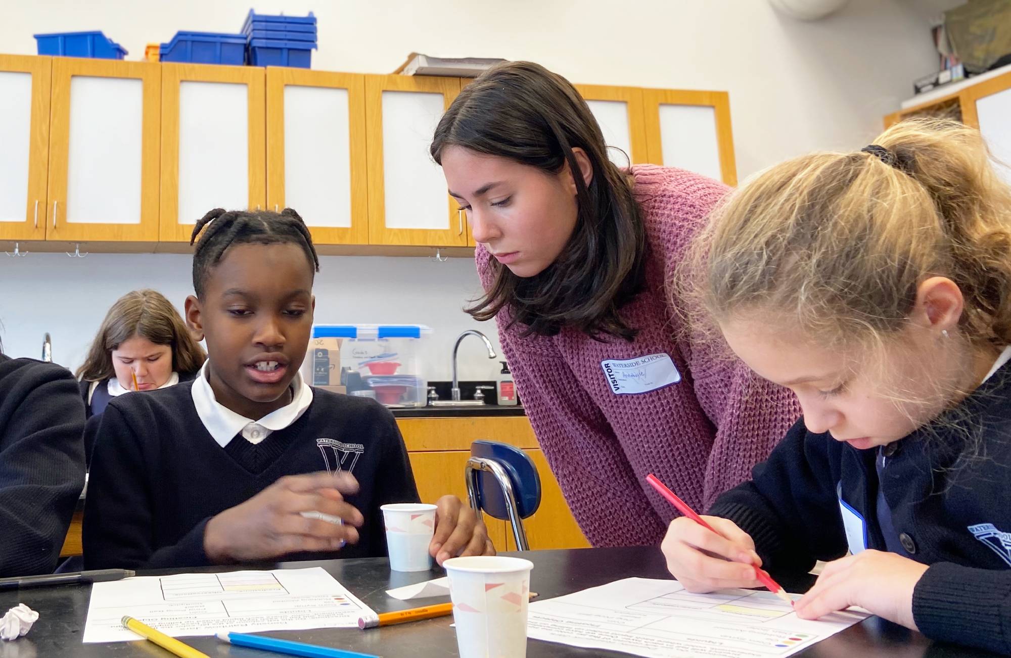 Photo of two students and teacher in class